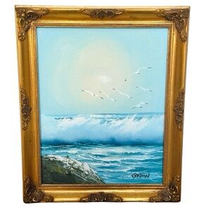 Impressionist Painting Ocean Wave Crash Seagull Gold Framed Small Artwork Signed